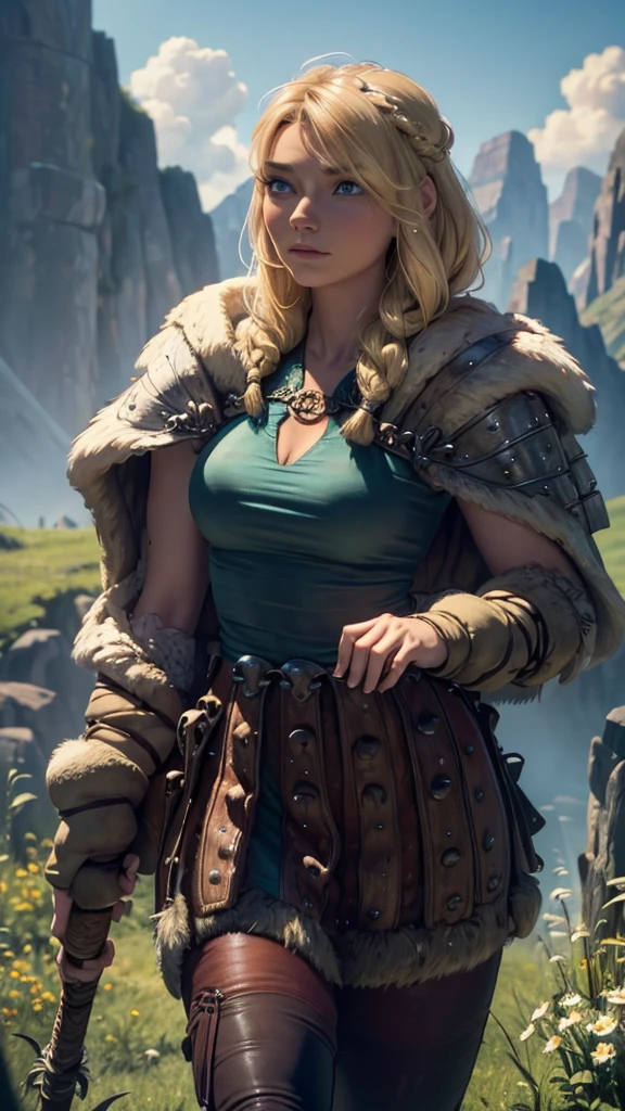 cleavage,(best quality,4k,8k,highres,masterpiece:1.2),ultra-detailed,(realistic,photorealistic,photo-realistic:1.37),long, wavy blonde hair, strikingly beautiful face with bright blue eyes, delicate eyebrows, high cheekbones, button nose, full and rosy lips, slender and athletic built, wearing a Viking-inspired outfit with a leather vest, fur-lined cape, and a long skirt, holding a dragon-themed staff with intricate carvings, standing confidently with one foot forward and a determined expression, surrounded by a stunning landscape of lush green meadows, towering mountains, and a clear blue sky, sunlight casting a warm golden glow on Astrid and the surroundings, capturing the adventurous spirit and strength of Astrid as she looks towards the horizon, ready to embark on a new dragon-training journey.