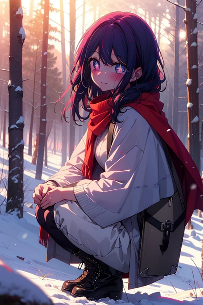 aihoshino, Ai Hoshino, Long Hair, bangs, (Purple eyes:1.1), Purple Hair, (Symbol-shaped pupil:1.5), smile,,smile,blush,White Breath,
Open your mouth,snow,Ground bonfire, Outdoor, boots, snowing, From the side, wood, suitcase, Cape, Blurred, , forest, White handbag, nature, Squat, Mouth closed, Cape, winter, Written boundary depth, Black shoes, red Cape break looking at viewer, Upper Body, whole body, break Outdoor, forest, nature, break (masterpiece:1.2), Highest quality, High resolution, unity 8k wallpaper, (shape:0.8), (Beautiful and beautiful eyes:1.6), Highly detailed face, Perfect lighting, Extremely detailed CG, (Perfect hands, Perfect Anatomy),