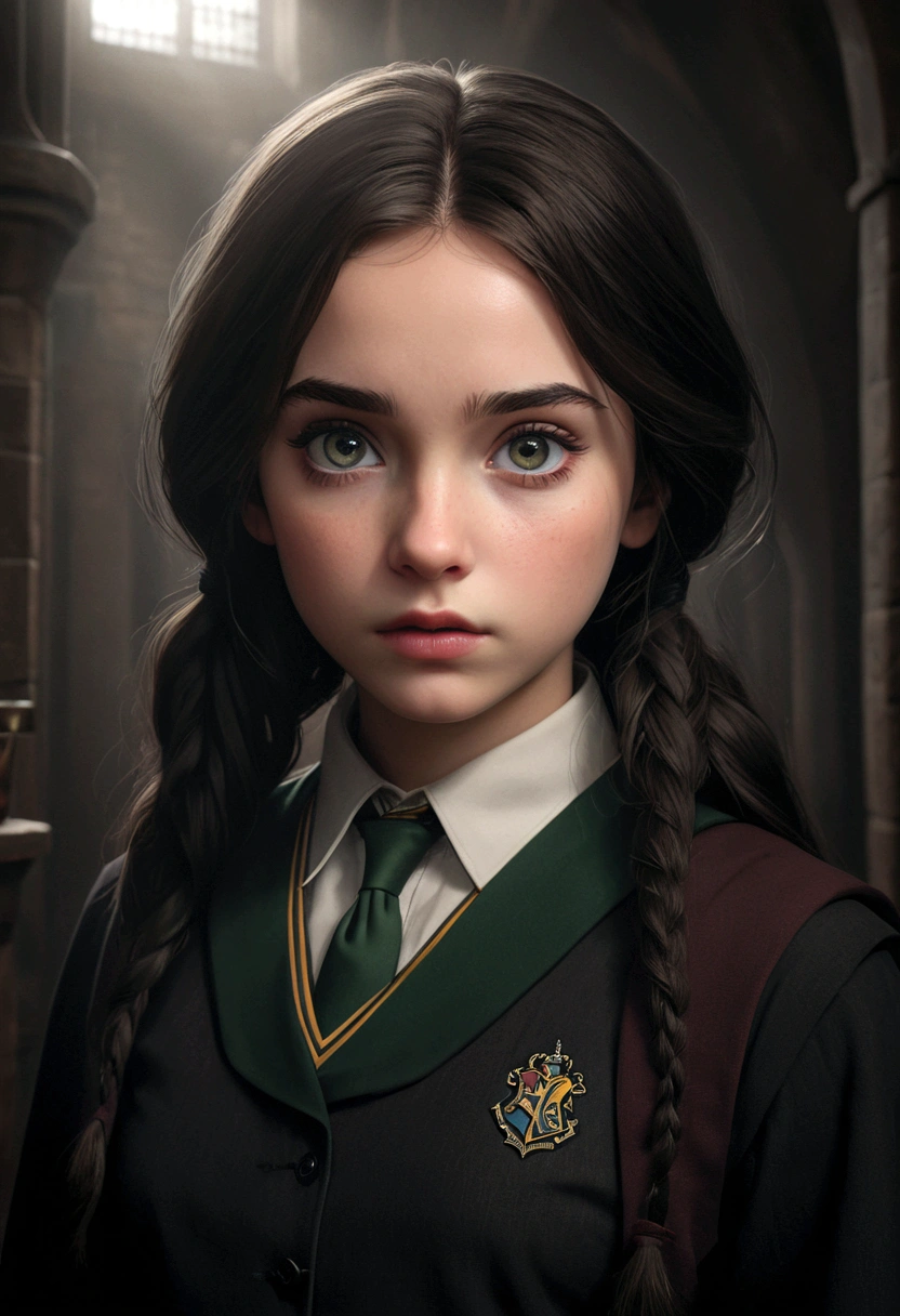 a girl in a catholic , severus snape's daughter, beautiful detailed eyes, beautiful detailed lips, extremely detailed face, long eyelashes, hogwarts student uniform, holding magic wand, dark moody lighting, dark mysterious atmosphere, dramatic lighting, cinematic lighting, dark fantasy, dramatic colors, muted colors, chiaroscuro lighting, dramatic shadows, realistic, photorealistic, ultra-detailed, best quality, 8k, masterpiece