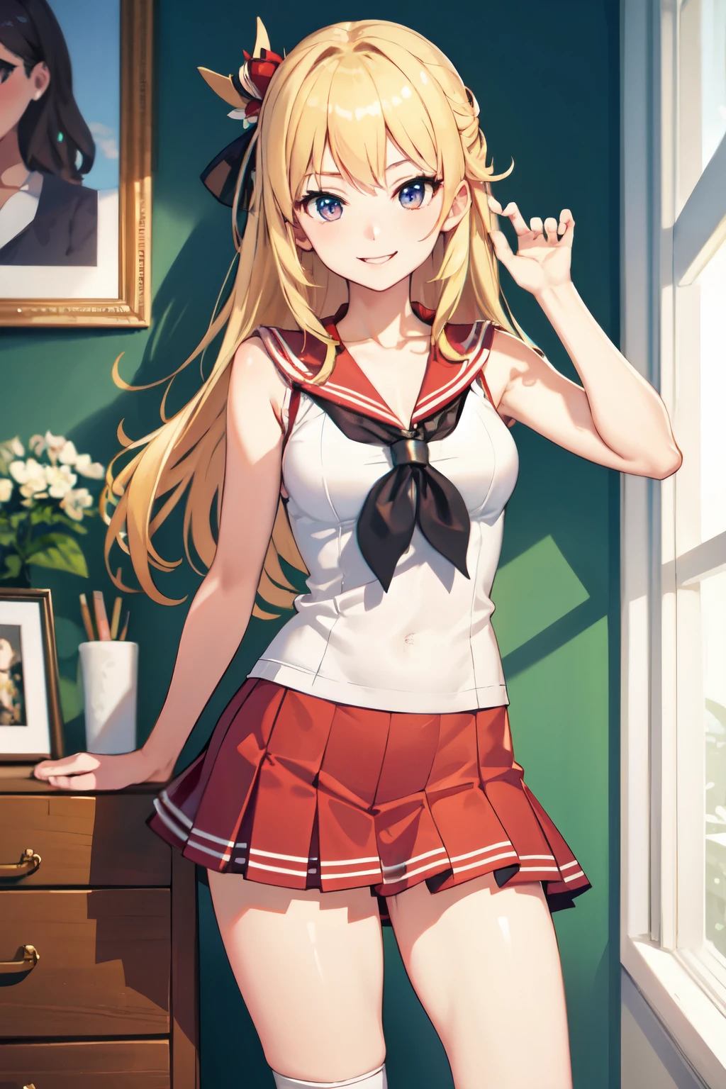 ((Highest quality)), ((masterpiece)), (detailed), high school girl,Lewd,Blonde,smile,Sleeveless T-shirt,Miniskirt,Knee socks