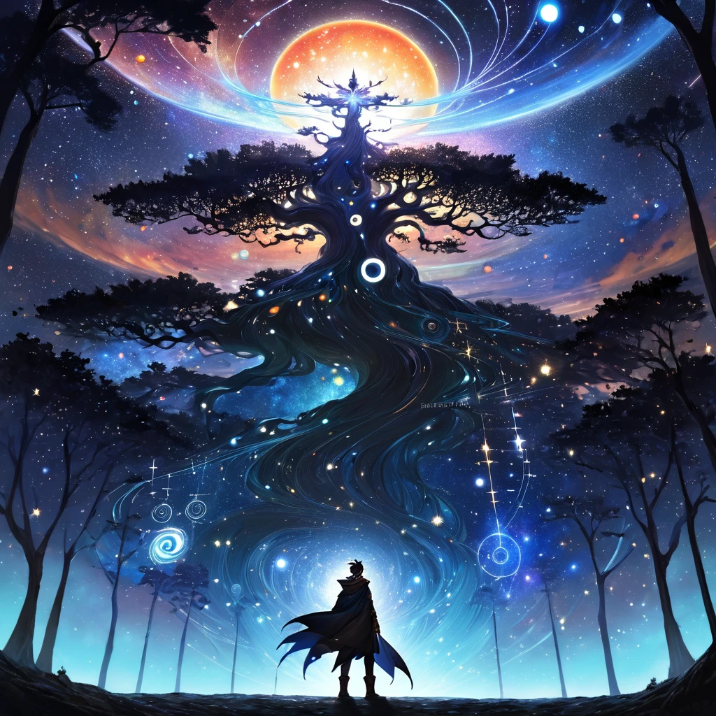 a painting，A man standing in front of a tree，sky in the background, digital art inspired by Johfra Bosschart, tumblr, Fantasyart, Astronautuniverse, fantasy painting, Ascending universe, Illumination of the Universe, esoteric paradise equation, Fantasyart style, Fantasyart, universe, Not Star Kingdom ) ) ), Star appearance