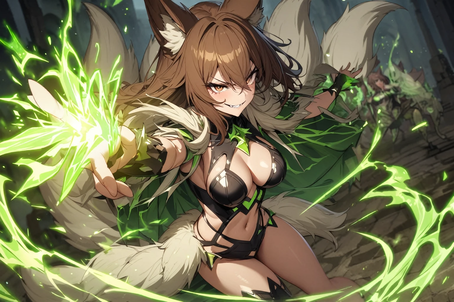 hand drawing, high detail, Kitsune sorceress as the end boss for a dungeon, using magic to attack the heroes, sexy revealing outfit, brown hair, brown eyes, evil smile, green magic, foxtail