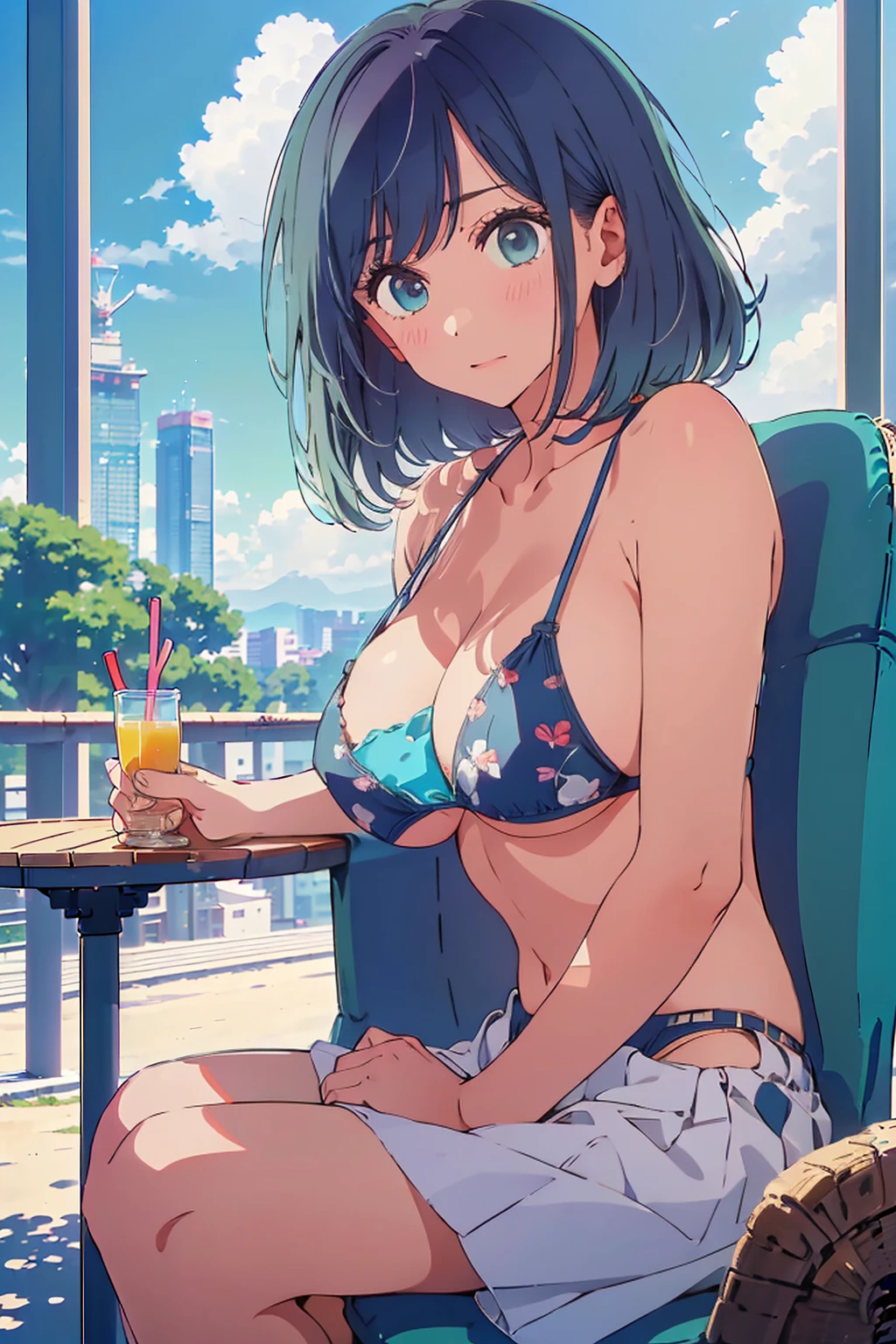 (Highest quality:1.4、masterpiece:1.4、Super detailed:1.4、8K:1.4)、F cup bust、Big Breasts、Slim body、((((1 person、Surprised expression、sit、Chair、In the background are the urban buildings of Tokyo、looking at the camera、Outdoor café terrace、coastal、Navy hair color、juice、table、Close-up shot taken at an angle、Very cute face))))、(Pose of putting hair behind ears with hands:1.4、Cheek resting on hand:1.4)、((nude、Areola、bikini))、Very blue sky、A completely cloudless sky、Big eyes、((((Shallow depth of field))))、Pink Lips