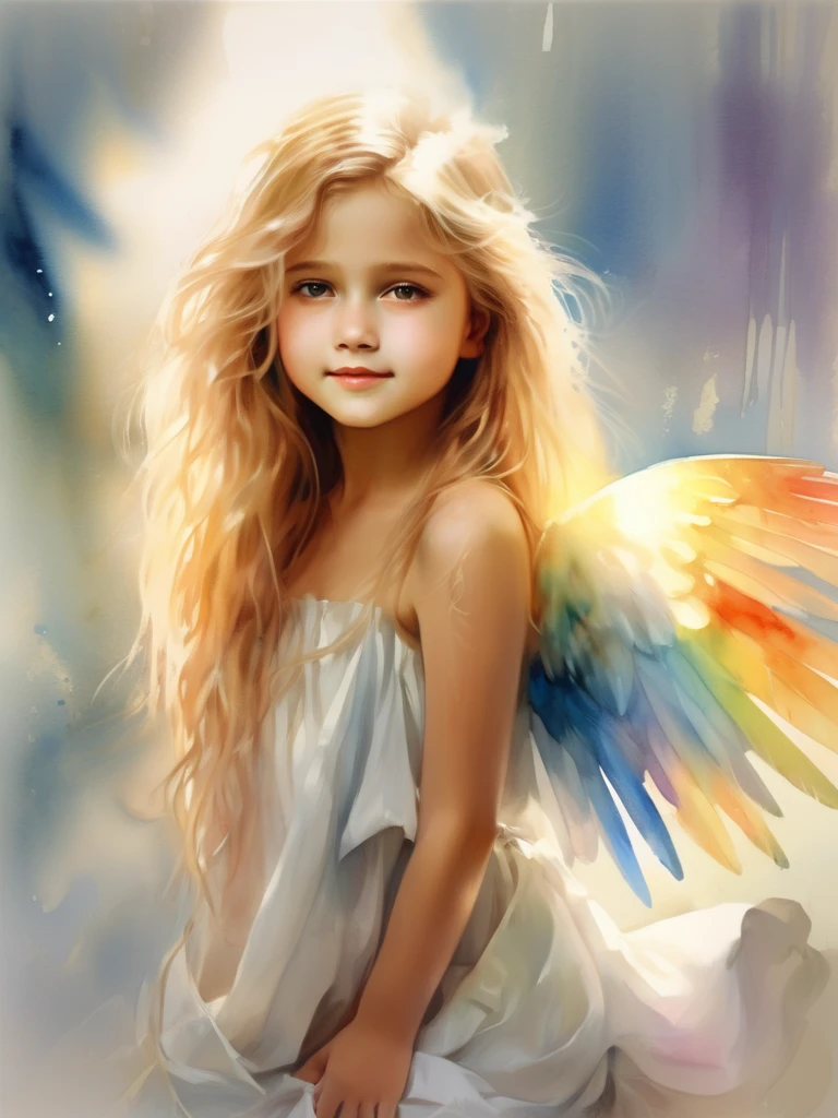 (((Watercolor)))1 Angel girl facing forward, Beautiful wings on the back、Blonde, Long Hair, alone、(smile)、magic, Strapless White Dress、Hopeful Face、Rainbow behind