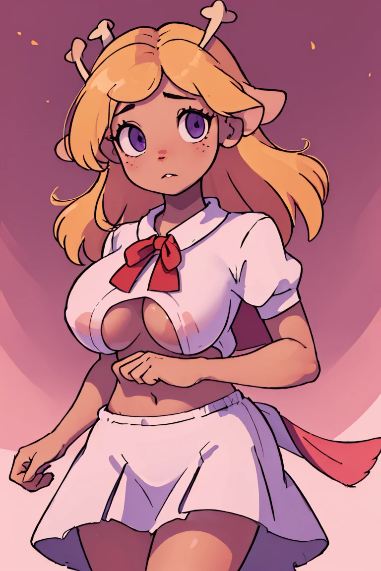 (best qualityer,4K,8K,high resolution,work of art:1.2),ultra detali,realisitic,portraite,Kizi,hair blonde,long hair,beautiful detailed eyes,beautiful detailed lips,White top,Red bow on neck,Short pink skirt,purples eyes,illustration style,swirly vibrant colors,warm hues,soft lighting,background full of mushrooms(big boobies)