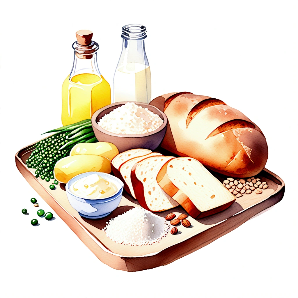 ((masterpiece)), ((best quality:1.2)), ((watercolor)), ((soft color))), ((minimalist)), ((negative space)), ((solid white background)), a wooden tray full of food ingredients, bread, sour, wheat, flour, rice, potatoes, nuts, a bottle of milk, Grains, beans, peas, lentils, margarine, mayonnaise, many types of bread, ((no Clipping)), no shadow clipping, no object clipping, (((solid white background))), very subtle shadow, soft bright white lighting,  soft shadow