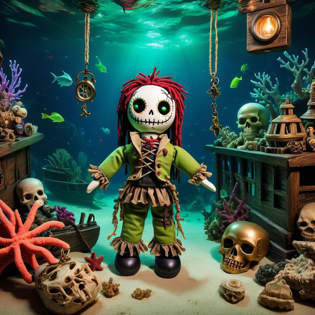 (knitted toy voodoo doll:1.5), (Voodoo Doll in a Sunken Ship:1.3), (Clothing: pirate attire with barnacle patterns:1.0), (Accessories: enchanted compass emitting eerie green light, floating ghostly anchors:1.1), (background: haunting underwater shipwreck with coral encrustations, sunken treasures, and drifting marine life:1.2), best quality, masterpiece, detailed soft oil painting, detailed background, dramatic cinematic lighting, soft edge lighting, professional, dramatic lighting, hard edge lighting, ultra quality, 4k, masterpiece, best quality, 8k, ultra high definition, high resolution, extremely detailed