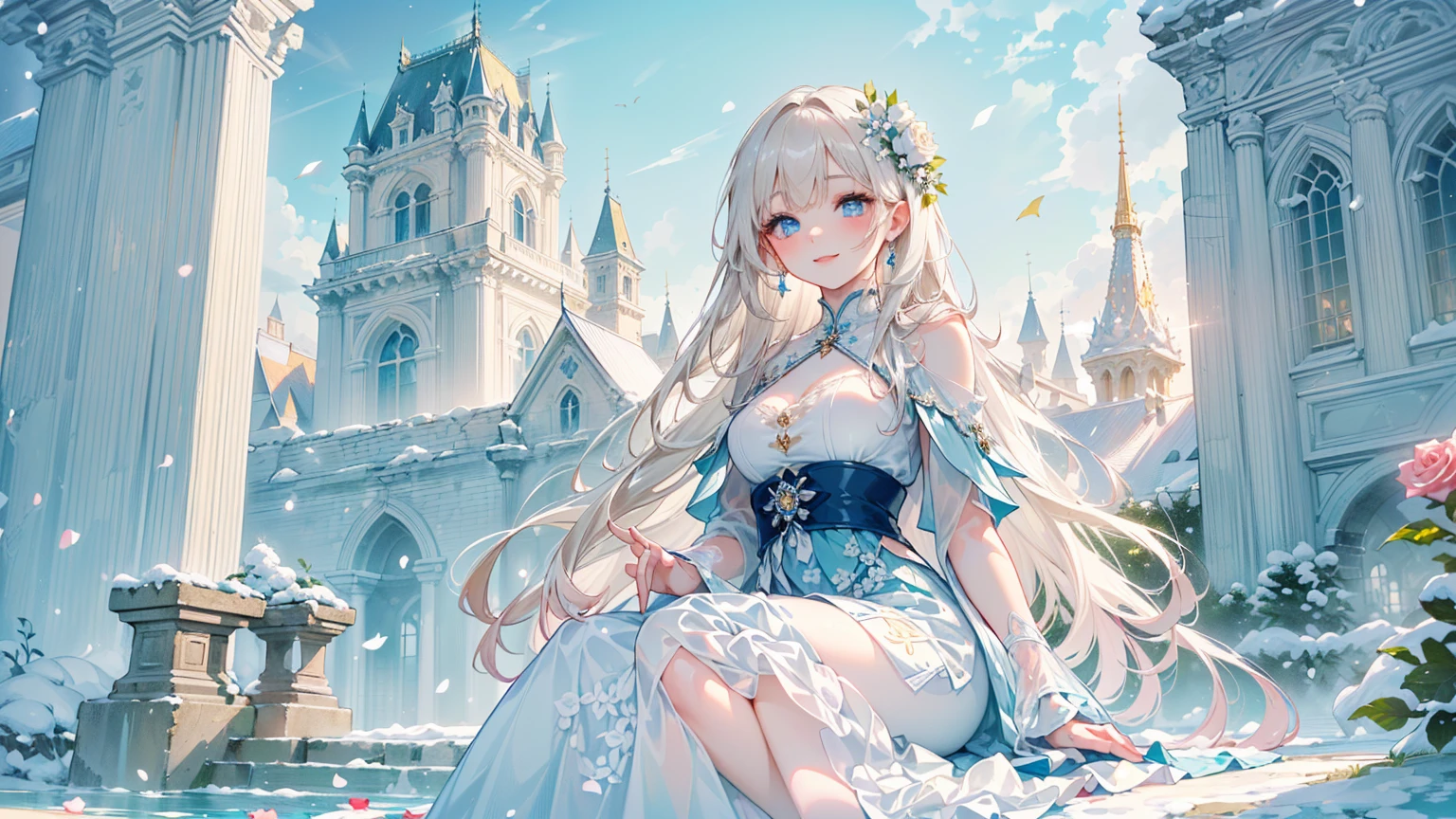 ((best quality,masterpiece,Extremely complex and exquisite details,There is only one beautiful girl with long white straight hair and blue eyes,Smile,long skirt covering)),(Exquisite light blue and white clothing,Beautiful bright and exquisite ancient style white castle architectural background),(correct anatomy,exquisite face),(Exquisite fantasy dream style,Snow,Falling Flowers,Rose,The great outdoors),Sitting
