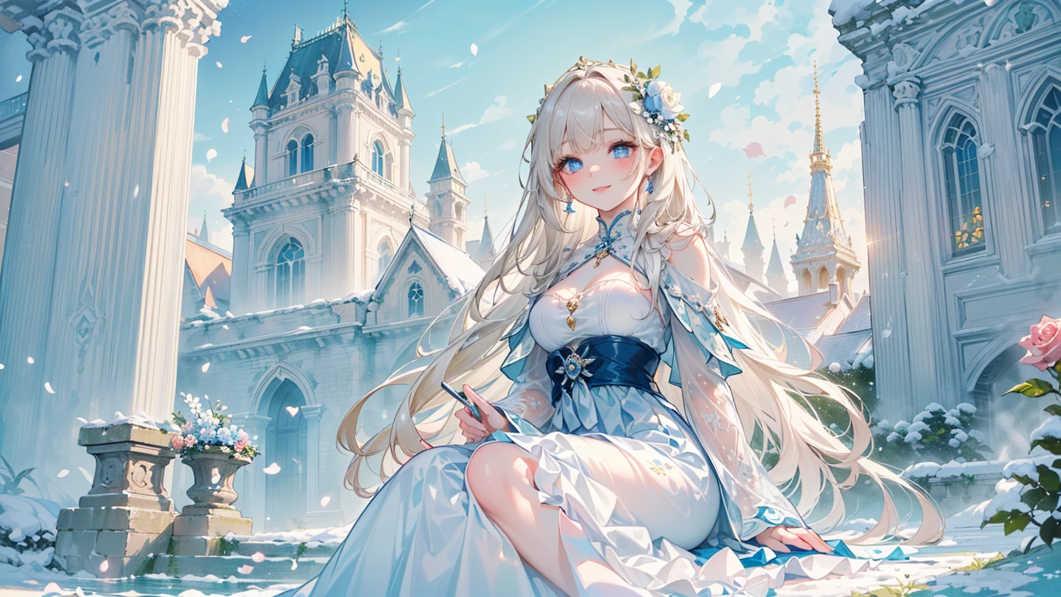((best quality,masterpiece,Extremely complex and exquisite details,There is only one beautiful girl with long white straight hair and blue eyes,Smile,long skirt covering)),(Exquisite light blue and white clothing,Beautiful bright and exquisite ancient style white castle architectural background),(correct anatomy,exquisite face),(Exquisite fantasy dream style,Snow,Falling Flowers,Rose,The great outdoors),Sitting