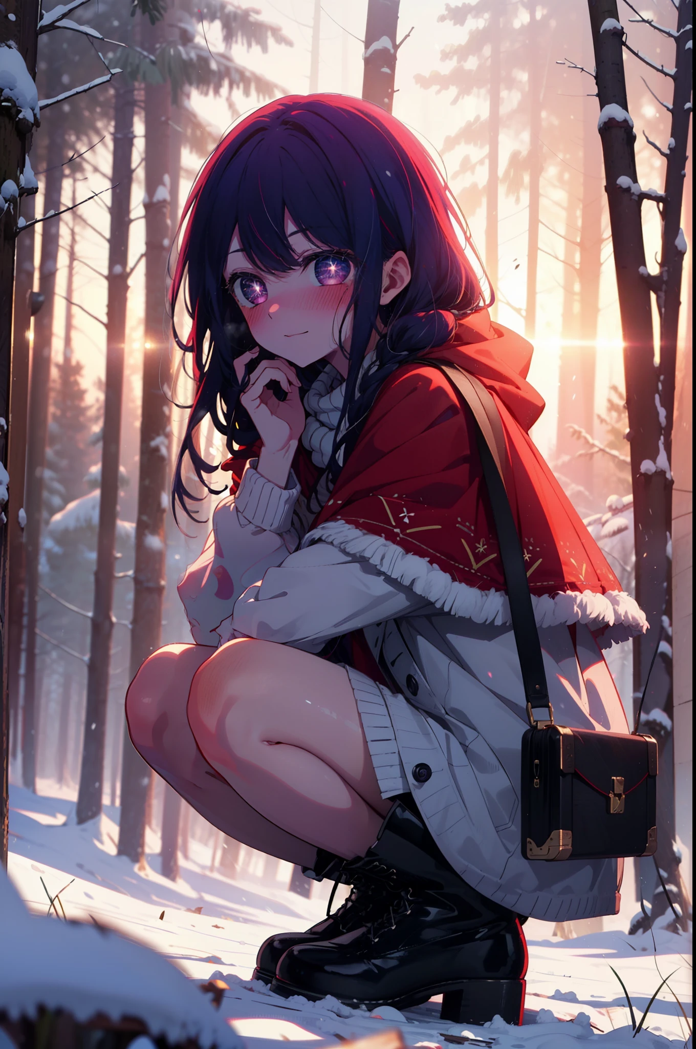 aihoshino, Ai Hoshino, Long Hair, bangs, (Purple eyes:1.1), Purple Hair, (Symbol-shaped pupil:1.5), smile,,smile,blush,White Breath,
Open your mouth,snow,Ground bonfire, Outdoor, boots, snowing, From the side, wood, suitcase, Cape, Blurred, , forest, White handbag, nature,  Squat, Mouth closed, Cape, winter, Written boundary depth, Black shoes, red Cape break looking at viewer, Upper Body, whole body, break Outdoor, forest, nature, break (masterpiece:1.2), Highest quality, High resolution, unity 8k wallpaper, (shape:0.8), (Beautiful and beautiful eyes:1.6), Highly detailed face, Perfect lighting, Extremely detailed CG, (Perfect hands, Perfect Anatomy),