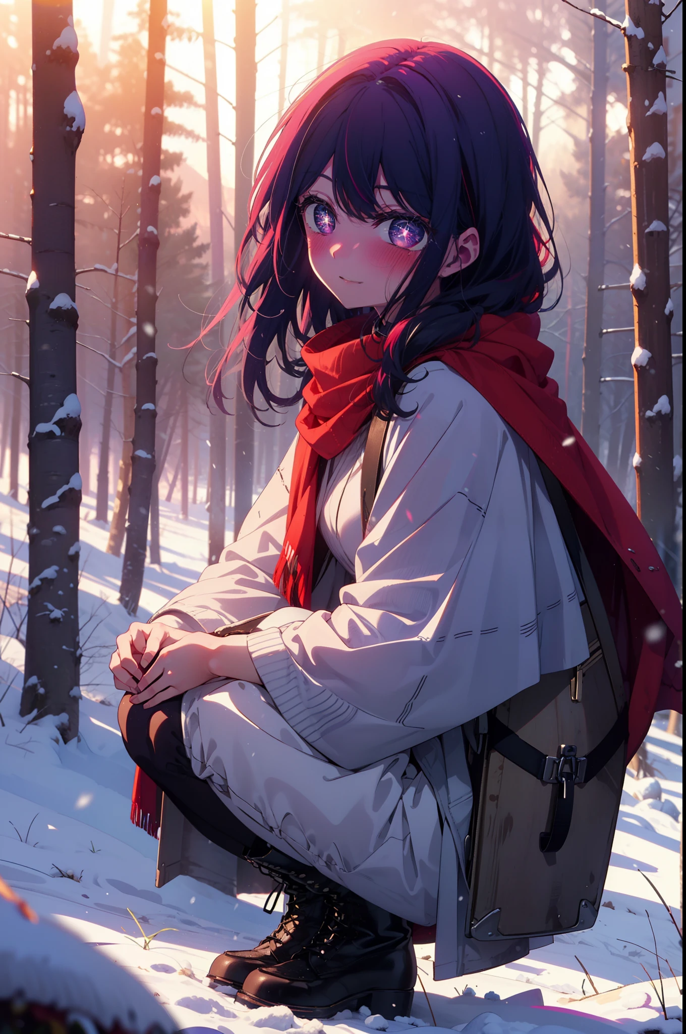 aihoshino, Ai Hoshino, Long Hair, bangs, (Purple eyes:1.1), Purple Hair, (Symbol-shaped pupil:1.5), smile,,smile,blush,White Breath,
Open your mouth,snow,Ground bonfire, Outdoor, boots, snowing, From the side, wood, suitcase, Cape, Blurred, , forest, White handbag, nature,  Squat, Mouth closed, Cape, winter, Written boundary depth, Black shoes, red Cape break looking at viewer, Upper Body, whole body, break Outdoor, forest, nature, break (masterpiece:1.2), Highest quality, High resolution, unity 8k wallpaper, (shape:0.8), (Beautiful and beautiful eyes:1.6), Highly detailed face, Perfect lighting, Extremely detailed CG, (Perfect hands, Perfect Anatomy),