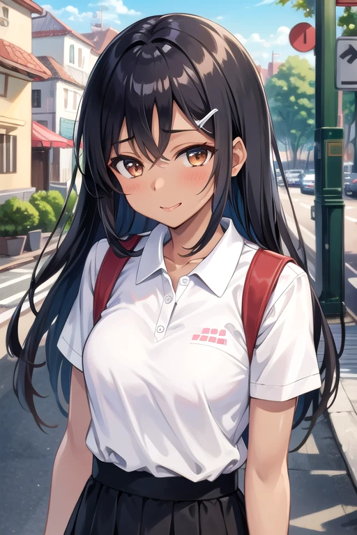 ((Highest quality)), ((masterpiece)), (detailed), One girl, セクシーexpensive body, expensive, Long legs, mature female, mature, Adult, It is_Nagatoro_main, nagatoro hayase, One girl, blush, alone, White polo shirt、 Black Hair, bag, Brown eyes, hair ornaments, View your viewers, Hair Clip, Outdoor, Backpack, smile, Long Hair, White shirt, Dark skinned women, Dark Skin, , bangs, Day, skirt, Collared shirt, clavicle, Ear Clip, Rolled up my sleeves, Mouth closed, wood, asymmetrical bangs, Upper Body