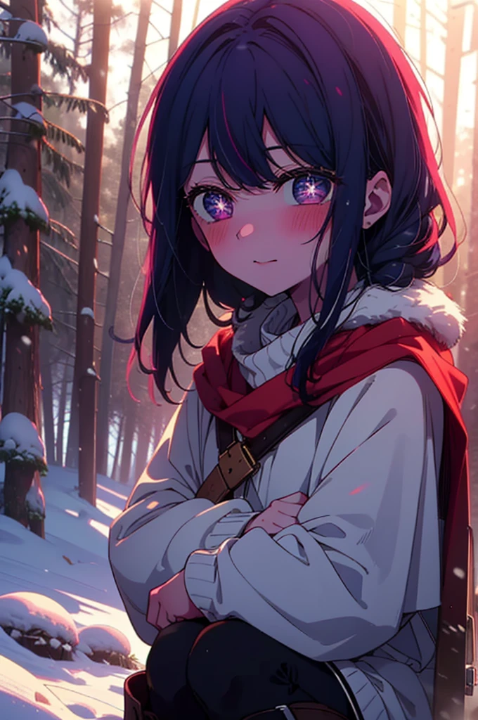 aihoshino, Ai Hoshino, Long Hair, bangs, (Purple eyes:1.1), Purple Hair, (Symbol-shaped pupil:1.5), smile,,smile,blush,White Breath,
Open your mouth,snow,Ground bonfire, Outdoor, boots, snowing, From the side, wood, suitcase, Cape, Blurred, , forest, White handbag, nature, Squat, Mouth closed, Cape, winter, Written boundary depth, Black shoes, red Cape break looking at viewer, Upper Body, whole body, break Outdoor, forest, nature, break (masterpiece:1.2), Highest quality, High resolution, unity 8k wallpaper, (shape:0.8), (Beautiful and beautiful eyes:1.6), Highly detailed face, Perfect lighting, Extremely detailed CG, (Perfect hands, Perfect Anatomy),