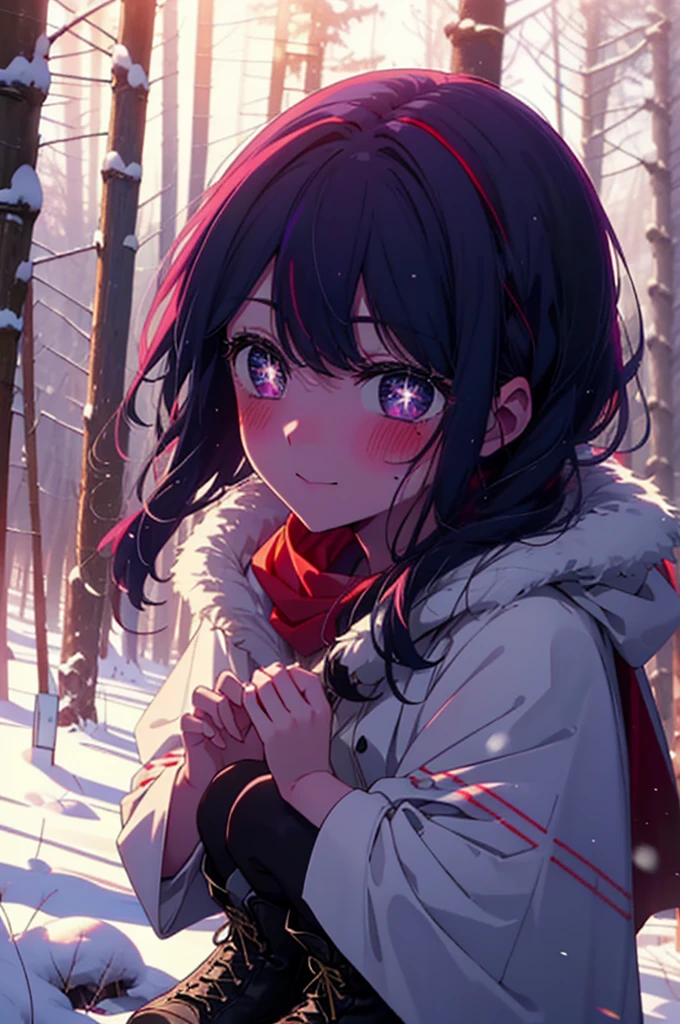 aihoshino, Ai Hoshino, Long Hair, bangs, (Purple eyes:1.1), Purple Hair, (Symbol-shaped pupil:1.5), smile,,smile,blush,White Breath,
Open your mouth,snow,Ground bonfire, Outdoor, boots, snowing, From the side, wood, suitcase, Cape, Blurred, , forest, White handbag, nature,  Squat, Mouth closed, Cape, winter, Written boundary depth, Black shoes, red Cape break looking at viewer, Upper Body, whole body, break Outdoor, forest, nature, break (masterpiece:1.2), Highest quality, High resolution, unity 8k wallpaper, (shape:0.8), (Beautiful and beautiful eyes:1.6), Highly detailed face, Perfect lighting, Extremely detailed CG, (Perfect hands, Perfect Anatomy),