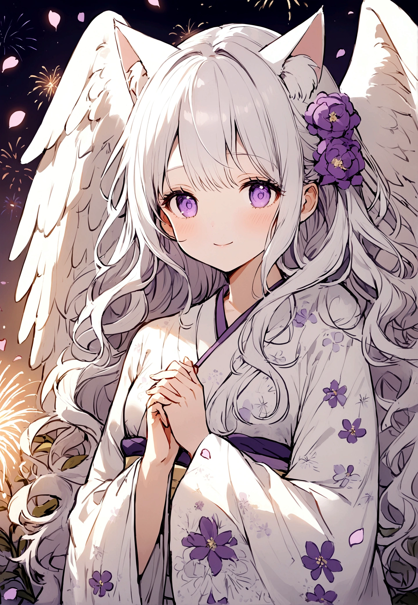 Wink,Long Wavy Hair,White hair is very attractive, Detailed and precise manual work, Attractive girl, White cat ears,Purple eyes and white eyelashes,light in your eyes,Big angel wings,Great light,A subject that stands out in a flower field, Petals flutter,A delicate white kimono with purple floral patterns,firework,Hand-drawn illustration