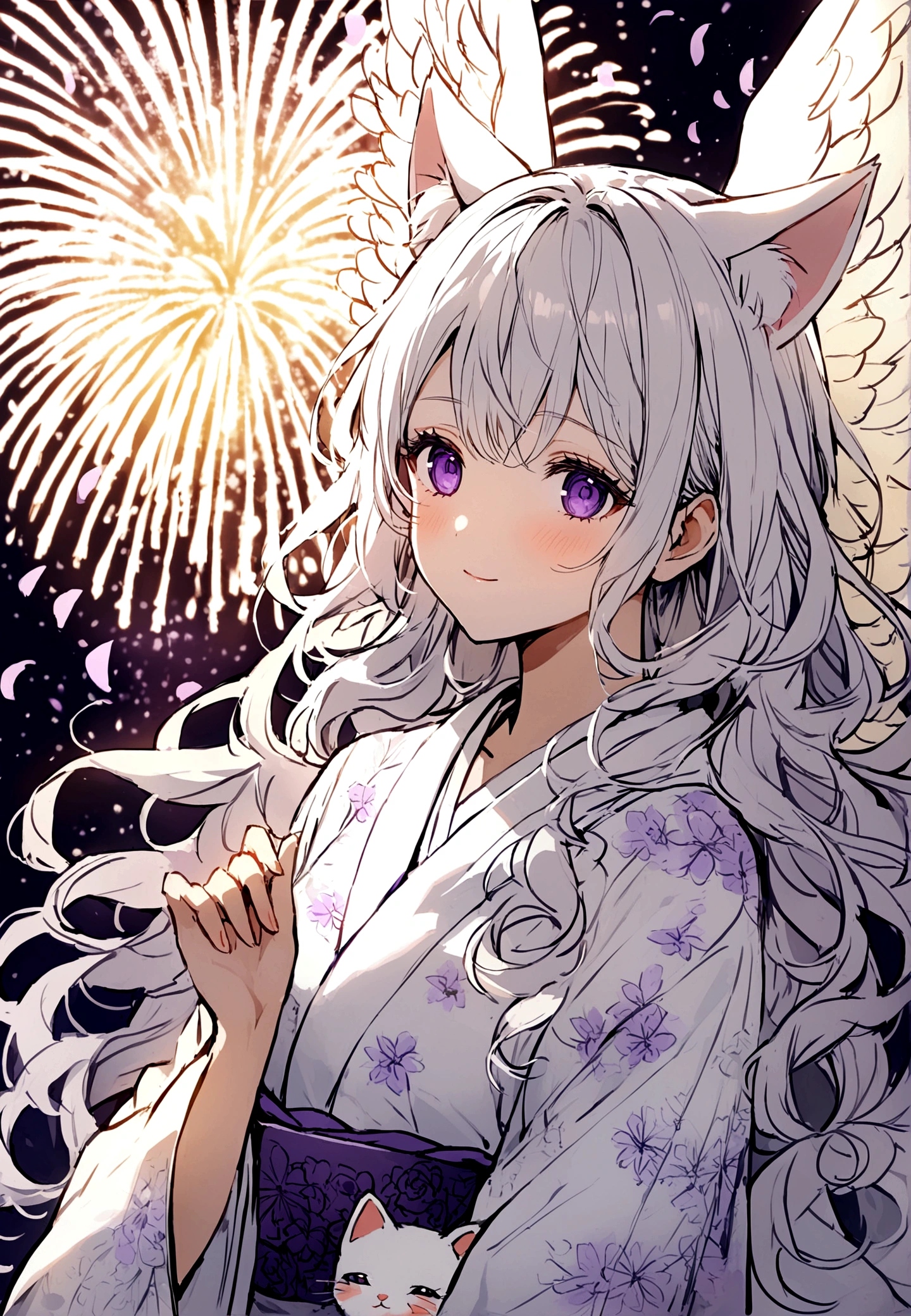 Wink,Long Wavy Hair,White hair is very attractive, Detailed and precise manual work, Attractive girl, White cat ears,Purple eyes and white eyelashes,light in your eyes,Big angel wings,Great light,A subject that stands out in a flower field, Petals flutter,A delicate white kimono with purple floral patterns,firework,Hand-drawn illustration