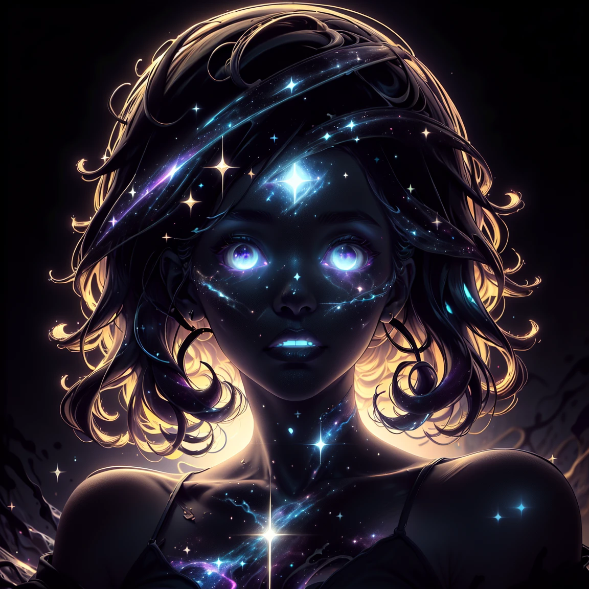 ((This is a dark masterpiece with deep shadows.)) Generate a female dark divine being with ((pure black galaxy skin)). Her face is onyx black but still detailed and stunning. (Her face is important and has realistic shading and puffy lips). Her (opaque) eyes are luminous and shimmering in hues of purples and blues. This image is compelling with dynamic composition and energetic posing. Include many fantasy details such as bumps, phantasmal iridescence, glitter, galaxy, cosmos, ((dark celestialskin body, void cosmic body)), (((dark background))), (((lights off))), (((hollywood dark))), horror, dramatic shadows, (in a dark fantasy space:1.3, glitter, sparkle, gleam)