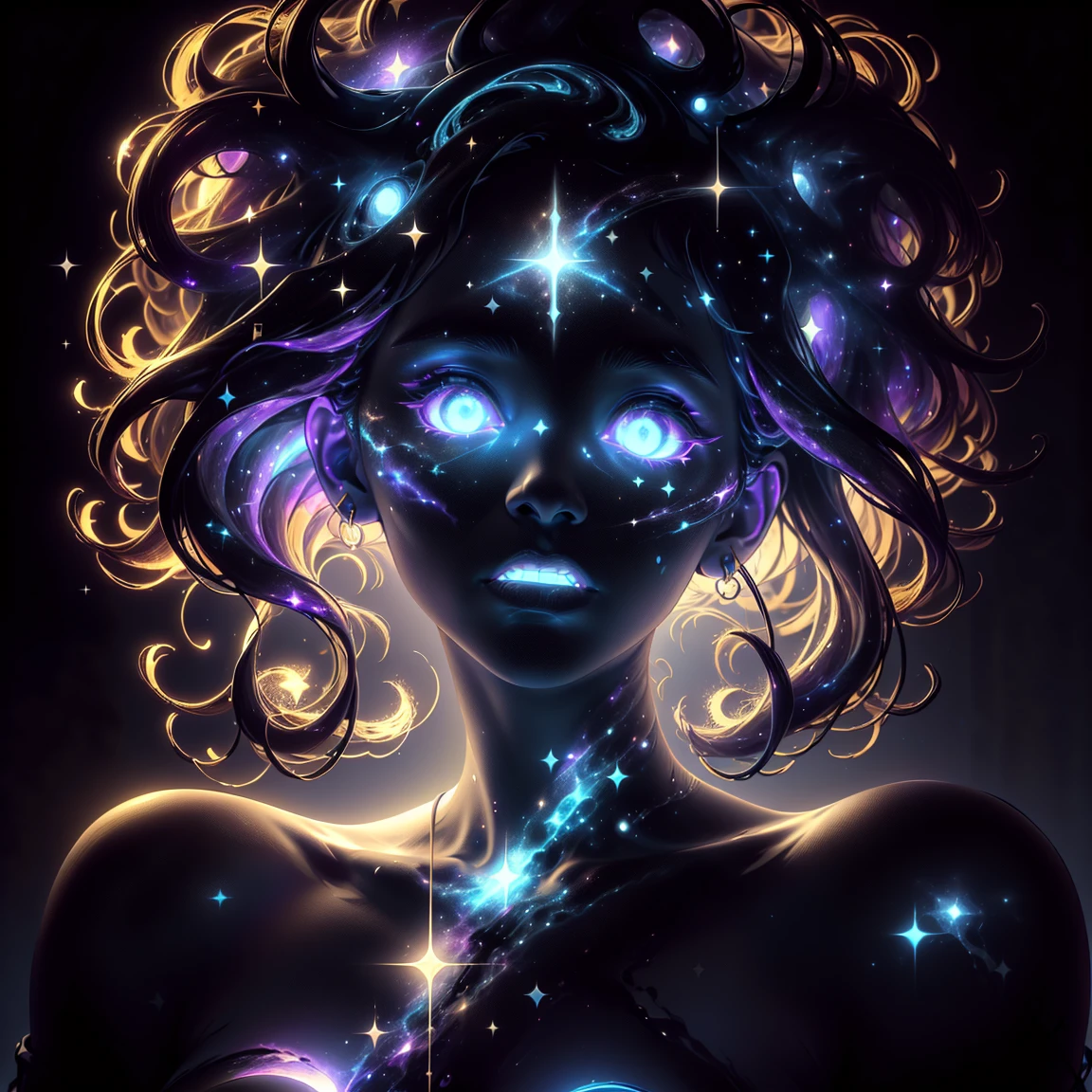 ((This is a dark masterpiece with deep shadows.)) Generate a female dark divine being with ((pure black galaxy skin)). Her face is onyx black but still detailed and stunning. (Her face is important and has realistic shading and puffy lips). Her (opaque) eyes are luminous and shimmering in hues of purples and blues. This image is compelling with dynamic composition and energetic posing. Include many fantasy details such as bumps, phantasmal iridescence, glitter, galaxy, cosmos, ((dark celestialskin body, void cosmic body)), (((dark background))), (((lights off))), (((hollywood dark))), horror, dramatic shadows, (in a dark fantasy space:1.3, glitter, sparkle, gleam)