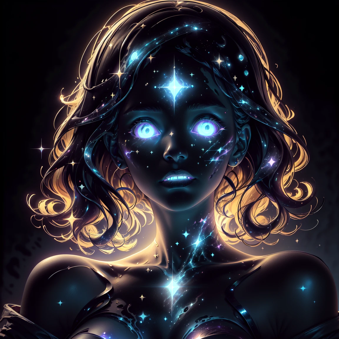 ((This is a dark masterpiece with deep shadows.)) Generate a female dark divine being with ((pure black galaxy skin)). Her face is onyx black but still detailed and stunning. (Her face is important and has realistic shading and puffy lips). Her (opaque) eyes are luminous and shimmering in hues of purples and blues. This image is compelling with dynamic composition and energetic posing. Include many fantasy details such as bumps, phantasmal iridescence, glitter, galaxy, cosmos, ((dark celestialskin body, void cosmic body)), (((dark background))), (((lights off))), (((hollywood dark))), horror, dramatic shadows, (in a dark fantasy space:1.3, glitter, sparkle, gleam)