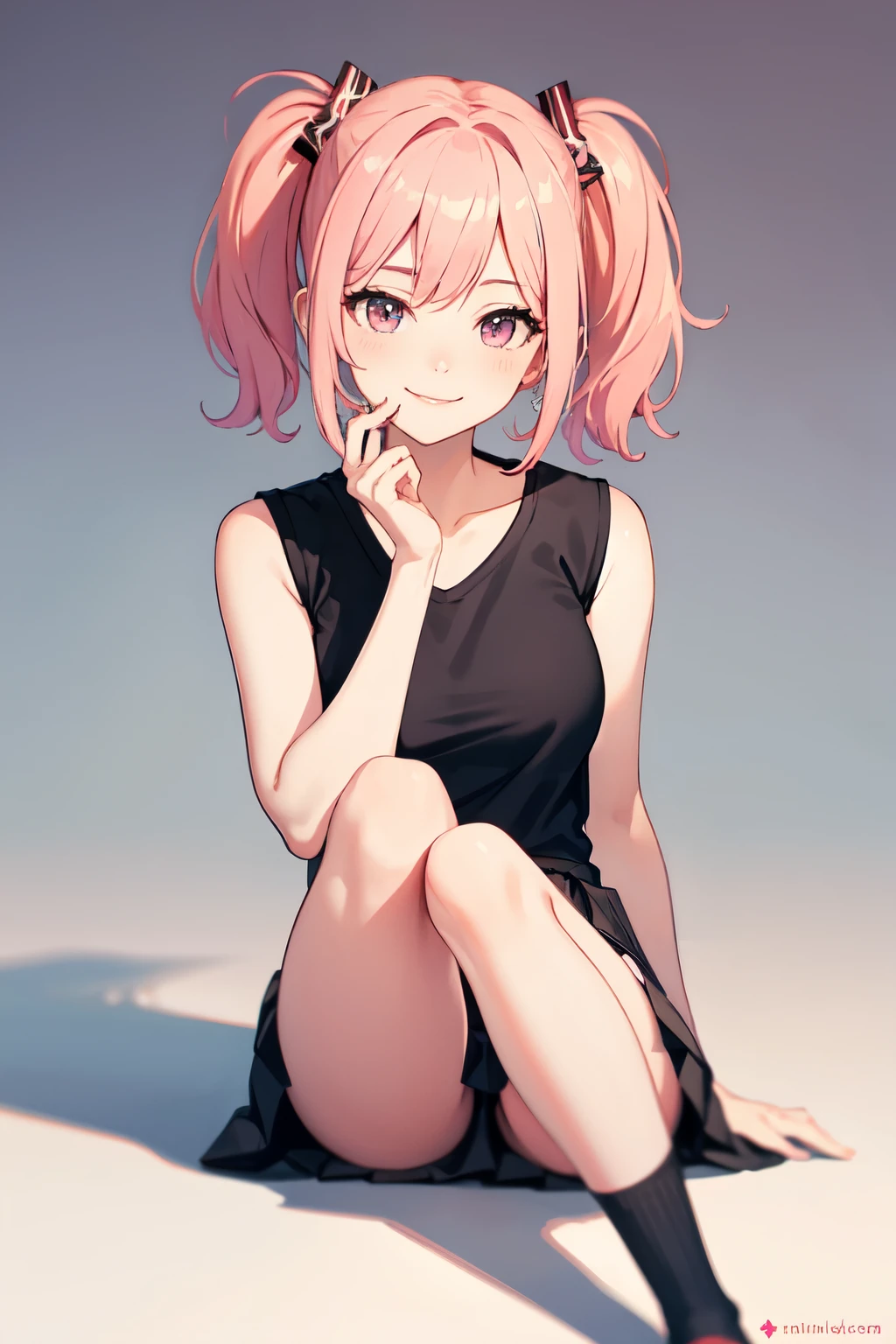 ((Highest quality)), ((masterpiece)), (detailed), high school girl,Lewd,Pink Hair,smile,Sleeveless T-shirt,Miniskirt,Knee socks