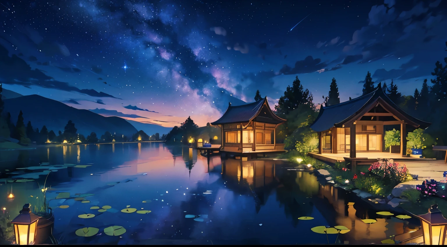 Best quality, Night at the lotus pond, small pond, close view, colorful , beautiful nightsky, beautiful moonlight, amazing scenery, amazing visuals, beautiful artwork, ultrasharp, masterpiece, highres, 8k, realistic, starry night, starlight, lanterns
