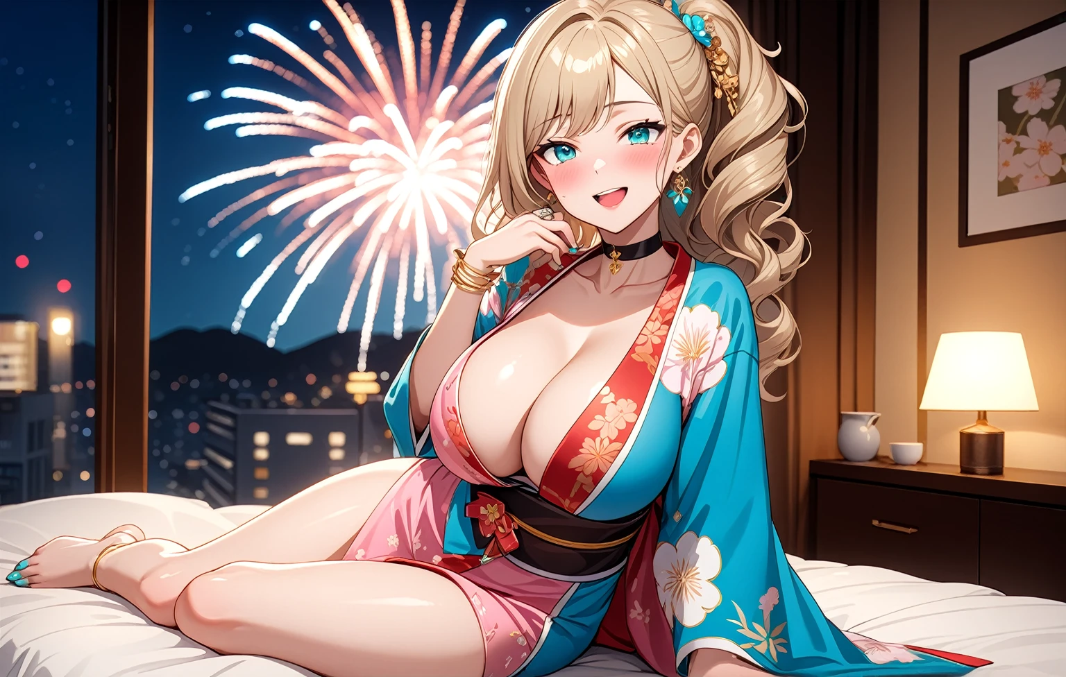 ((One personの女性)), Beautiful Face,(Laughing embarrassedly), (naughty face:1.2), ((Wink:1.9)), (head tilt:1.3), Laughing with your mouth open, upper teeth, ((full-face blush:1.5)), looking at viewer, Glossy Red Lips, (Shining Face), ((Anime style background)) , Night view and fireworks, On a bed in a luxury hotel, masterpiece, Highest quality, so beautiful,up to date, Complex details, (Pink long nails),(ring),(bracelet),(choker),AI-generated, Complex,High resolution, Highest quality, super high quality,3D Images、3D Images,One person,Long blonde hair,ponytail, wavy hair ,写真のポーズをとるAnime Women, ((Fine grain、Turquoise Eyes、Shining Eyes:1.3)), (Squint your eyes:1.1),a hyperRealistic , hyperRealistic , Realistic,Anime Women, Smooth anime CG art, A woman in a colorful kimono with gold embroidery, (Pink long sleeve kimono),Red floral pattern,Long flower hair ornament,Earrings,Mature Body,(Big Breasts:1.1),Tall,Abdominal muscles,Tight waist, ((front view)),