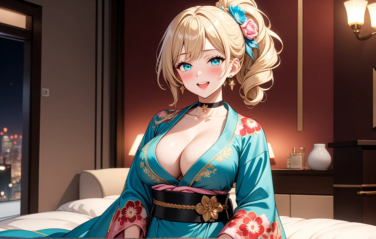 ((One personの女性)), Beautiful Face,(Laughing embarrassedly), (naughty face:1.2), ((Wink:1.9)), (head tilt:1.3), Laughing with your mouth open, upper teeth, ((full-face blush:1.5)), looking at viewer, Glossy Red Lips, (Shining Face), ((Anime style background)) , Night view and fireworks, On a bed in a luxury hotel, masterpiece, Highest quality, so beautiful,up to date, Complex details, (Pink long nails),(ring),(bracelet),(choker),AI-generated, Complex,High resolution, Highest quality, super high quality,3D Images、3D Images,One person,Long blonde hair,ponytail, wavy hair ,写真のポーズをとるAnime Women, ((Fine grain、Turquoise Eyes、Shining Eyes:1.3)), (Squint your eyes:1.1),a hyperRealistic , hyperRealistic , Realistic,Anime Women, Smooth anime CG art, A woman in a colorful kimono with gold embroidery, (Pink long sleeve kimono),Red floral pattern,Long flower hair ornament,Earrings,Mature Body,(Big Breasts:1.1),Tall,Abdominal muscles,Tight waist, ((front view)),