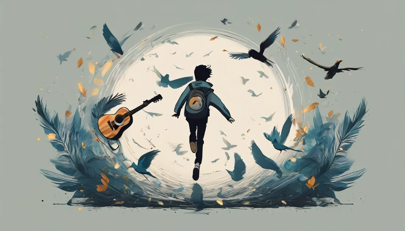Create a professional, fantastic, cinematic Youtube Banner for a brand about music and stories called " Penamemoria". Masterpiece, 4k, sharp focus, highest quality,wide shot. The title is " Penamemoria". Is a brand about the creative, unique journey of a boy into becoming a musician storyteller. In his journey he finds inspiration in a world of birds and feathers. Minimalistic, simple, poetic, dreamy logotype at the center of the image. The Background image is a world full of fantastic feathers, unique birds, light blue sky, and a boy running happily into the horizon with an acoustic guitar in his right hand. Boy running against the wind, almost simulating like he is flying