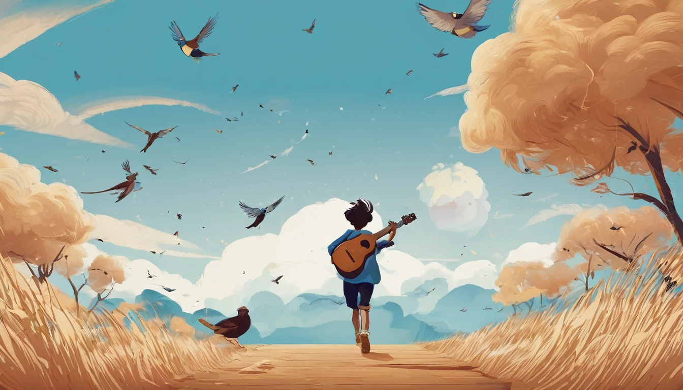 Create a professional, fantastic, cinematic Youtube Banner for a brand about music and stories called " Penamemoria". Masterpiece, 4k, sharp focus, highest quality,wide shot. The title is " Penamemoria". Is a brand about the creative, unique journey of a boy into becoming a musician storyteller. In his journey he finds inspiration in a world of birds and feathers. Minimalistic, simple, poetic, dreamy logotype at the center of the image. The Background image is a world full of fantastic feathers, unique birds, light blue sky, and a boy running happily into the horizon with an acoustic guitar in his right hand. Boy running against the wind, almost simulating like he is flying