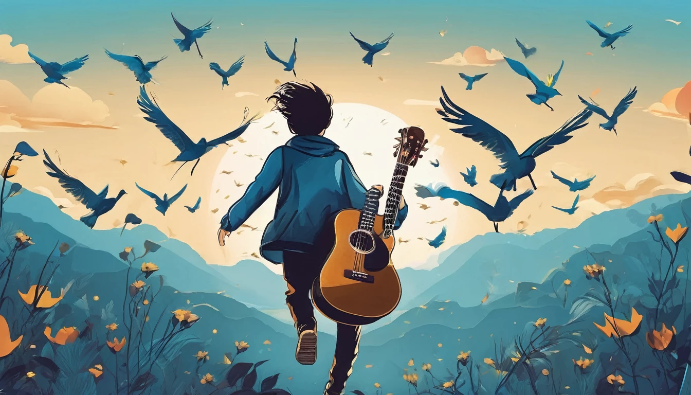 Create a professional, fantastic, cinematic Youtube Banner for a brand about music and stories called " Penamemoria". Masterpiece, 4k, sharp focus, highest quality,wide shot. The title is " Penamemoria". Is a brand about the creative, unique journey of a boy into becoming a musician storyteller. In his journey he finds inspiration in a world of birds and feathers. Minimalistic, simple, poetic, dreamy logotype at the center of the image. The Background image is a world full of fantastic feathers, unique birds, light blue sky, and a boy running happily into the horizon with an acoustic guitar in his right hand. Boy running against the wind, almost simulating like he is flying
