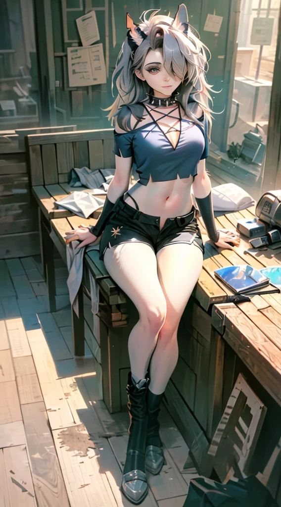 highres, 1girl, ((hair cover one eye, loona shorts, face detailed, spiked collar, pentagram on ?????, Legs long, bored face, feets, and to the cauda, academy, dentro da academy, luvas loona, sitting on a bench))), solo, crop top, ??????? big, fully body, tummy, Waist slender, big ????, ((((front)))), loona, black thighs, hairy, Pelo, antrum, Eyes red, patas
