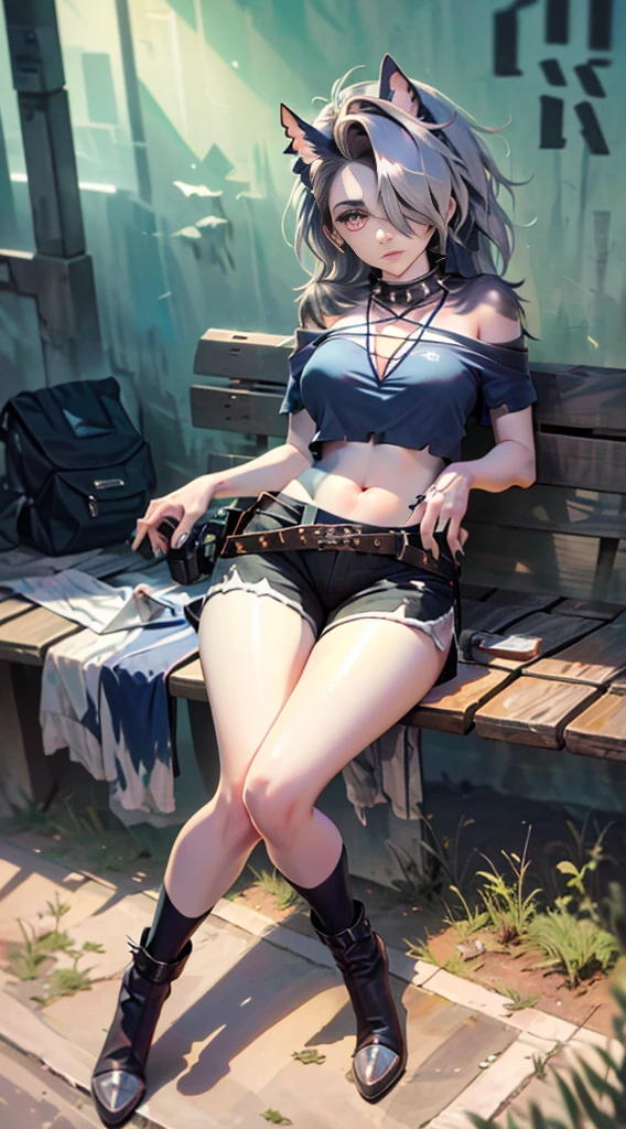 highres, 1girl, ((hair cover one eye, loona shorts, face detailed, spiked collar, pentagram on chest, Legs long, bored face, feets, and to the cauda, academy, dentro da academy, luvas loona, sitting on a bench))), solo, crop top, breasts big, fully body, tummy, Waist slender, big hips, ((((front)))), loona, black thighs, hairy, Pelo, antrum, Eyes red, patas