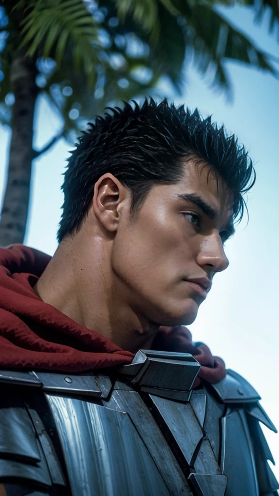 guts、profile、Upper Body、forest、Masterpiece、Highest quality、male、Red Cape、Black armor、Looking up at the sky