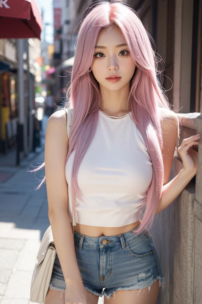 A sexy pink long hair，Hair covering one eye，Long eyelashes，White vest，Super short jeans，One finger on lips