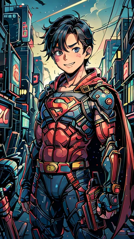 (8k),(masterpiece),(Japanese),(13-year-old boy),((innocent look)),((Childish)),From the front,smile,cute,Innocent,Kind eyes,Flat chest,Red cape,Superman Costume,short,Hair blowing in the wind,Black Hair,Strong wind,night,dark, Neon light cyberpunk city