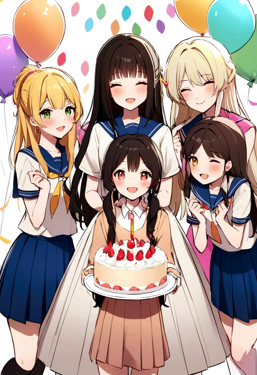 6 cute girls wearing school uniforms,1 woman wearing a dress holding a cake,Organize a birthday party