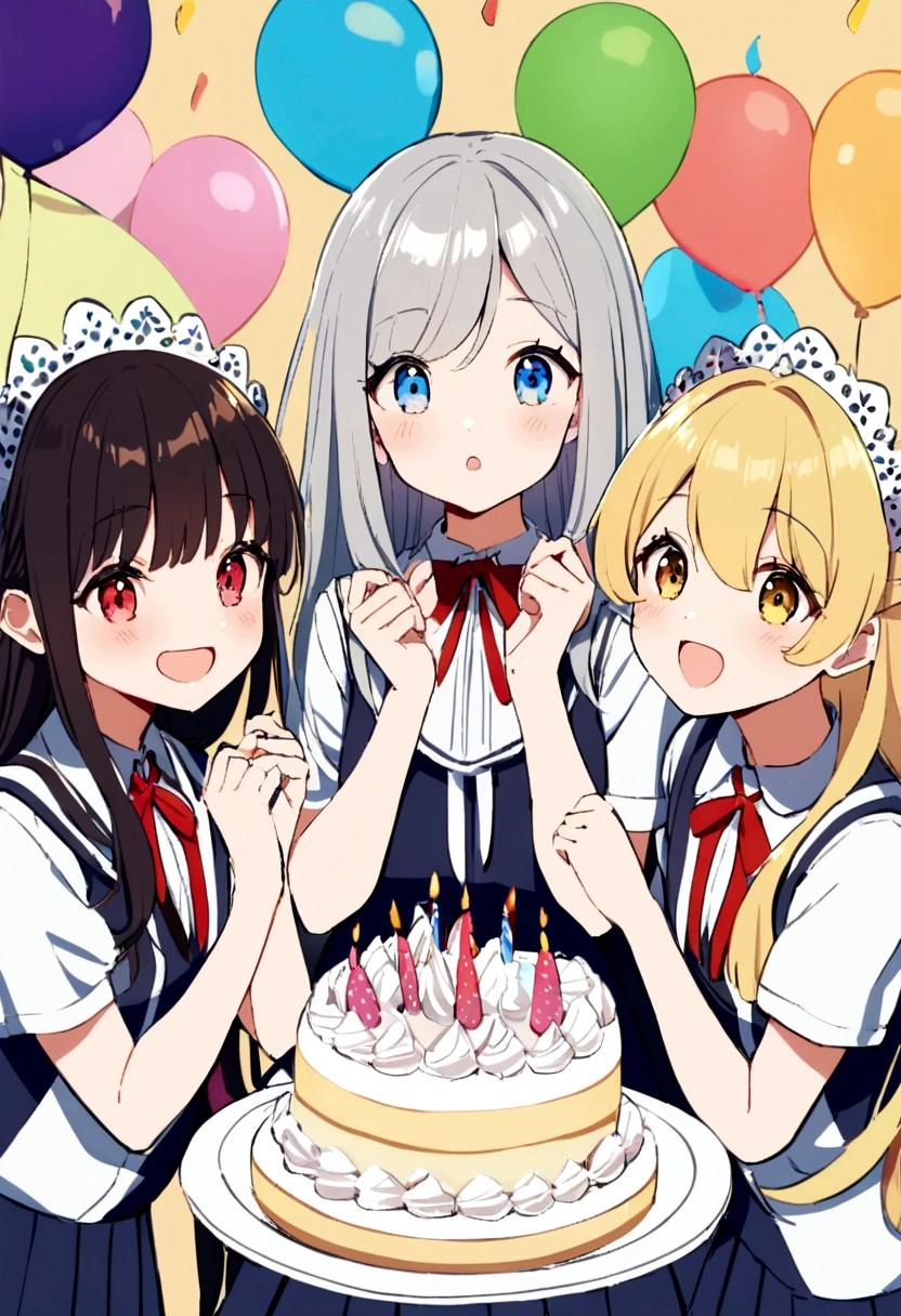 6 cute girls wearing school uniforms,1 woman wearing a dress holding a cake,Organize a birthday party