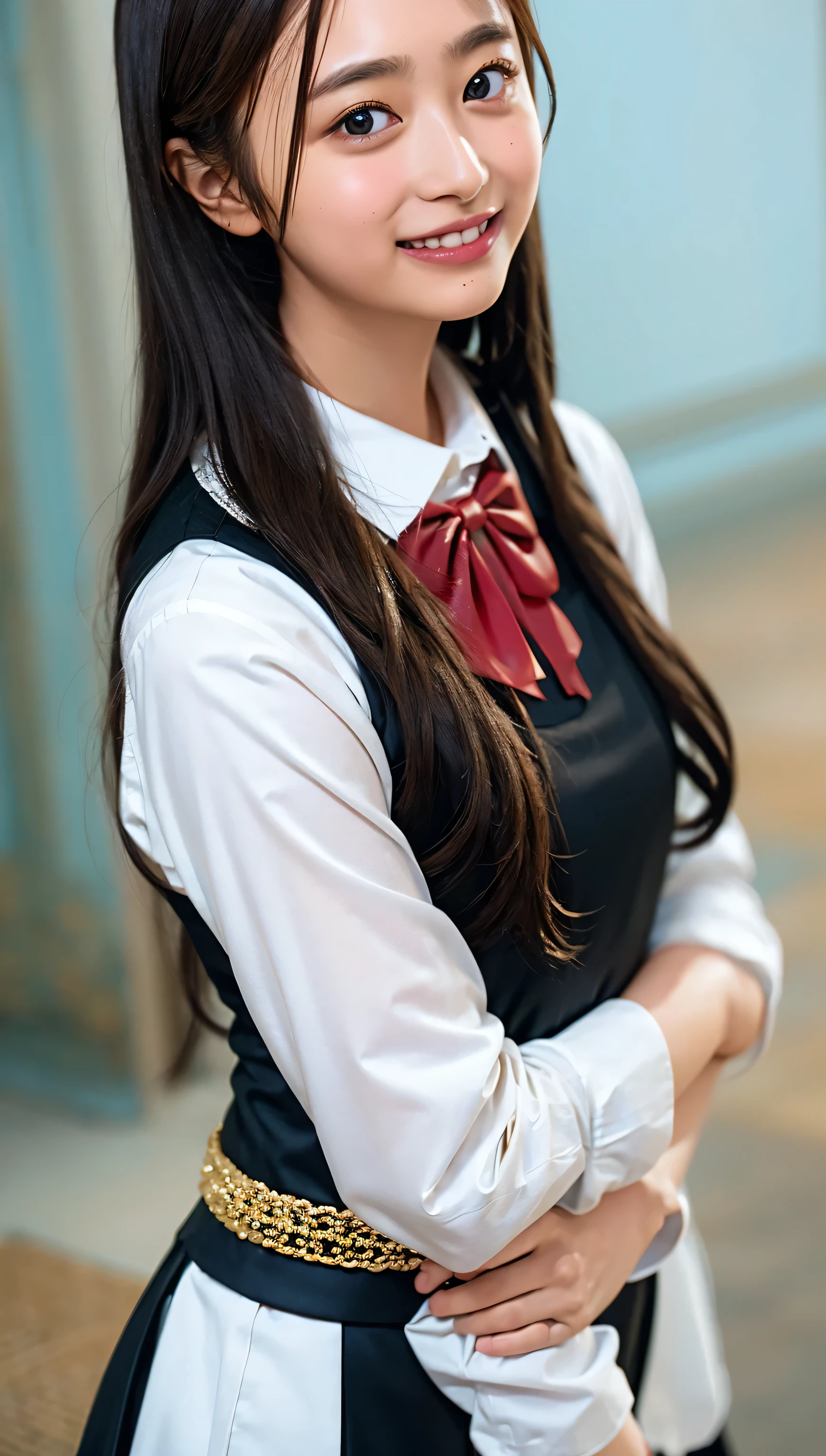 (((upper body shot))),Ultra-high resolution,big eyes,((brown eyes)),Japanese,(forehead),(a girl),(1 girl),(()),(cute),pretty,((facing at viewer)),arms behind back,grin,(((black uniform)))