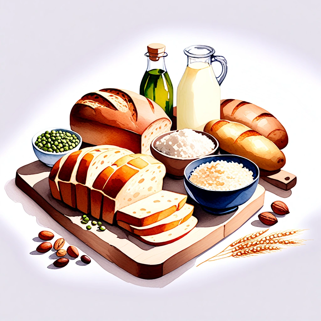 ((masterpiece)), ((best quality:1.2)), ((watercolor)), ((soft color))), ((minimalist)), ((negative space)), ((solid white background)), a wooden tray full of food ingredients, bread, sour, wheat, flour, rice, potatoes, nuts, a bottle of milk, Grains, beans, peas, lentils, margarine, mayonnaise, many types of bread, ((no Clipping)), no shadow clipping, no object clipping, (((solid white background))), very subtle shadow, soft bright white lighting, soft shadow