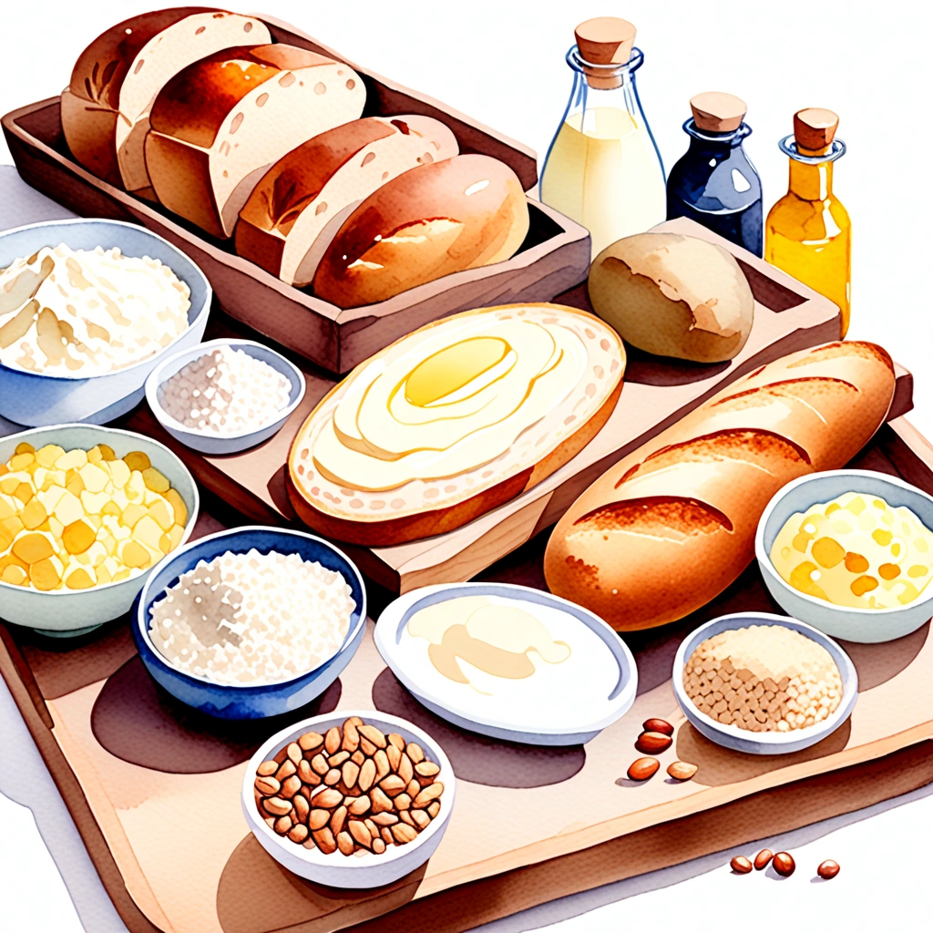 ((masterpiece)), ((best quality:1.2)), ((watercolor)), ((soft color))), ((minimalist)), ((negative space)), ((solid white background)), a wooden tray full of food ingredients, bread, sour, wheat, flour, rice, potatoes, nuts, a bottle of milk, Grains, beans, peas, lentils, margarine, mayonnaise, many types of bread, ((no Clipping)), no shadow clipping, no object clipping, (((solid white background))), very subtle shadow, soft bright white lighting, soft shadow