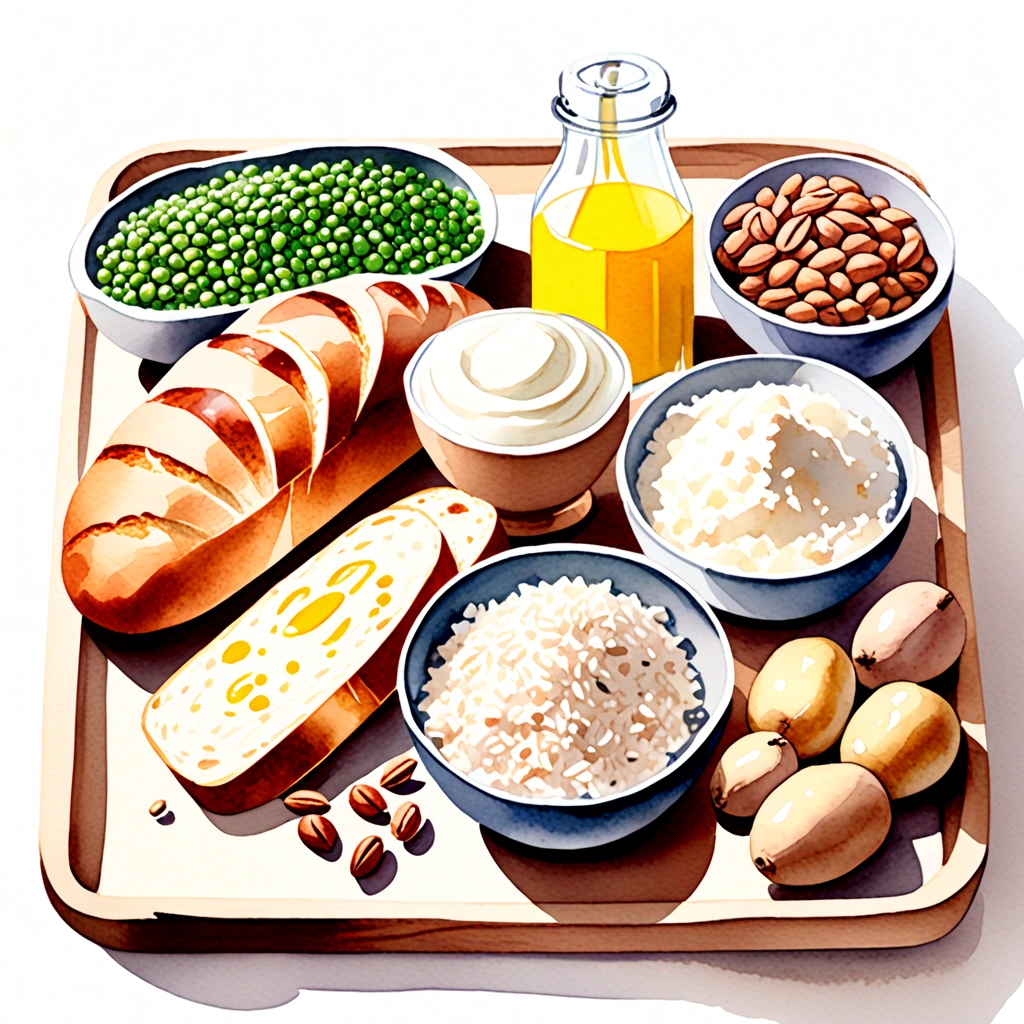 ((masterpiece)), ((best quality:1.2)), ((watercolor)), ((soft color))), ((minimalist)), ((negative space)), ((solid white background)), a wooden tray full of food ingredients, bread, sour, wheat, flour, rice, potatoes, nuts, a bottle of milk, Grains, beans, peas, lentils, margarine, mayonnaise, many types of bread, ((no Clipping)), no shadow clipping, no object clipping, (((solid white background))), very subtle shadow, soft bright white lighting, soft shadow