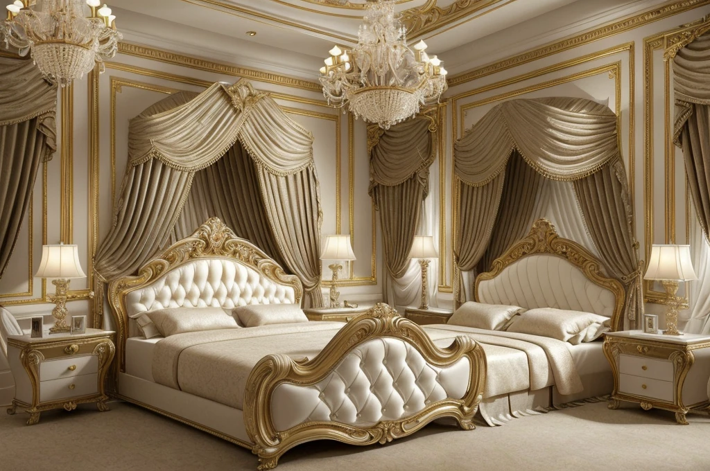 a close up of a bedroom with a bed, chairs, and a chandelier, luxury furniture, luxury hd render, elegant interior, elegant and ornate, elegant render, classicism style, luxurious environment, bedroom interior, elegant baroque, neoclassicism style, elegant furniture, classicism artstyle, royal interior, ornate and elegant, high quality 3d render