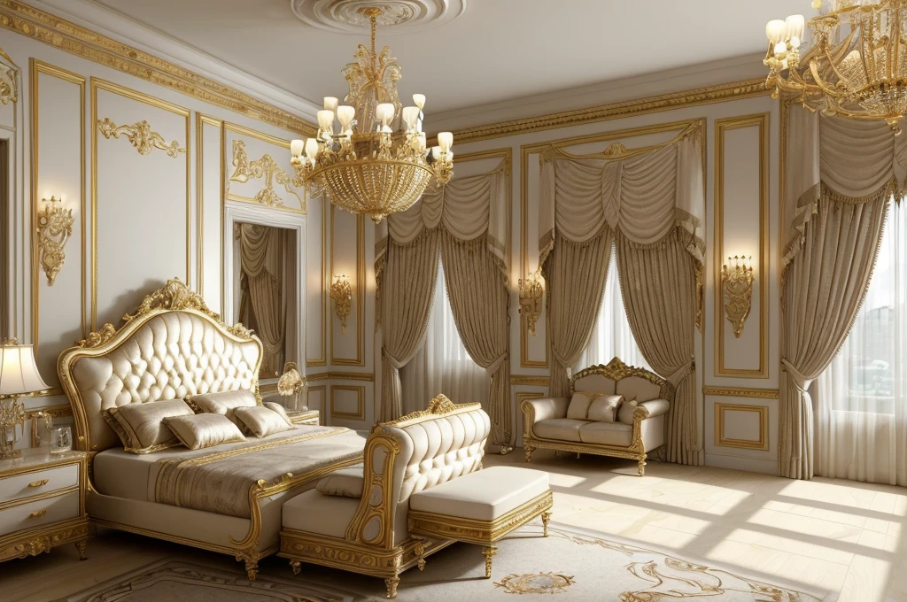 a close up of a bedroom with a bed, chairs, and a chandelier, luxury furniture, luxury hd render, elegant interior, elegant and ornate, elegant render, classicism style, luxurious environment, bedroom interior, elegant baroque, neoclassicism style, elegant furniture, classicism artstyle, royal interior, ornate and elegant, high quality 3d render