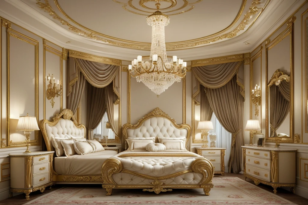 a close up of a bedroom with a bed, chairs, and a chandelier, luxury furniture, luxury hd render, elegant interior, elegant and ornate, elegant render, classicism style, luxurious environment, bedroom interior, elegant baroque, neoclassicism style, elegant furniture, classicism artstyle, royal interior, ornate and elegant, high quality 3d render