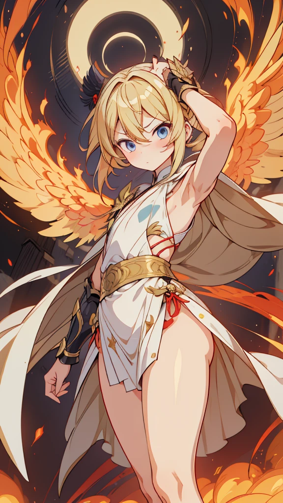 天使boy，可爱boy，femboy，Thick thighs，Lovely thighs，希腊风robe，blond，blond，高开叉robe，laurels，boy，wing，wing，Serious and serious，Serious expression，严肃boy，Close-up above the waist，flat chest，robe，cheongsam，情趣cheongsam，cheongsam风格，wing，wing，wing