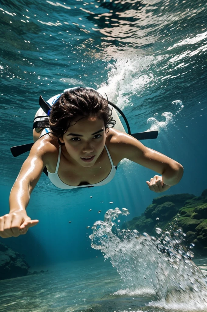 A pic of covered women dive into water