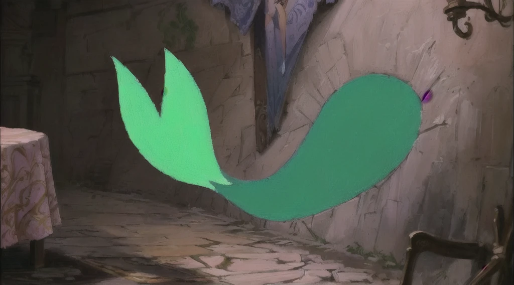 there is a painting of a Queue de sirène on a wall, queue légèrement ondulée, Don Bluth animation, Ralph Bakshi, Queue de sirène, animation disney 2d encore, panache fait d'algues, Gendy Tartakovski, Don Bluth!!, Don Bluth!!!, La Sirène, queue épaisse, queue de lézard, Palette de couleurs de la planète au trésor, panache d’algues