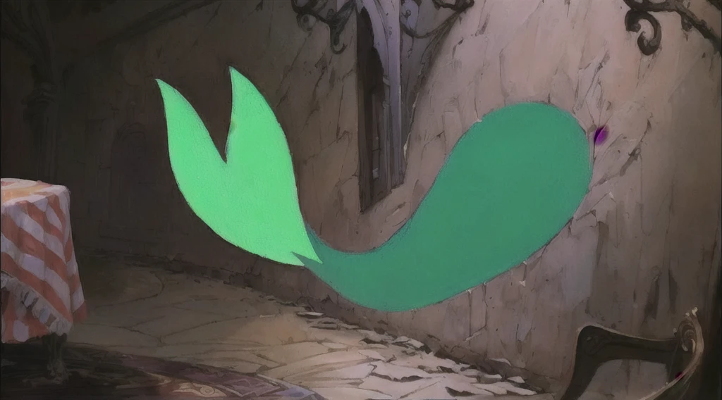 there is a painting of a Queue de sirène on a wall, queue légèrement ondulée, Don Bluth animation, Ralph Bakshi, Queue de sirène, animation disney 2d encore, panache fait d'algues, Gendy Tartakovski, Don Bluth!!, Don Bluth!!!, La Sirène, queue épaisse, queue de lézard, Palette de couleurs de la planète au trésor, panache d’algues