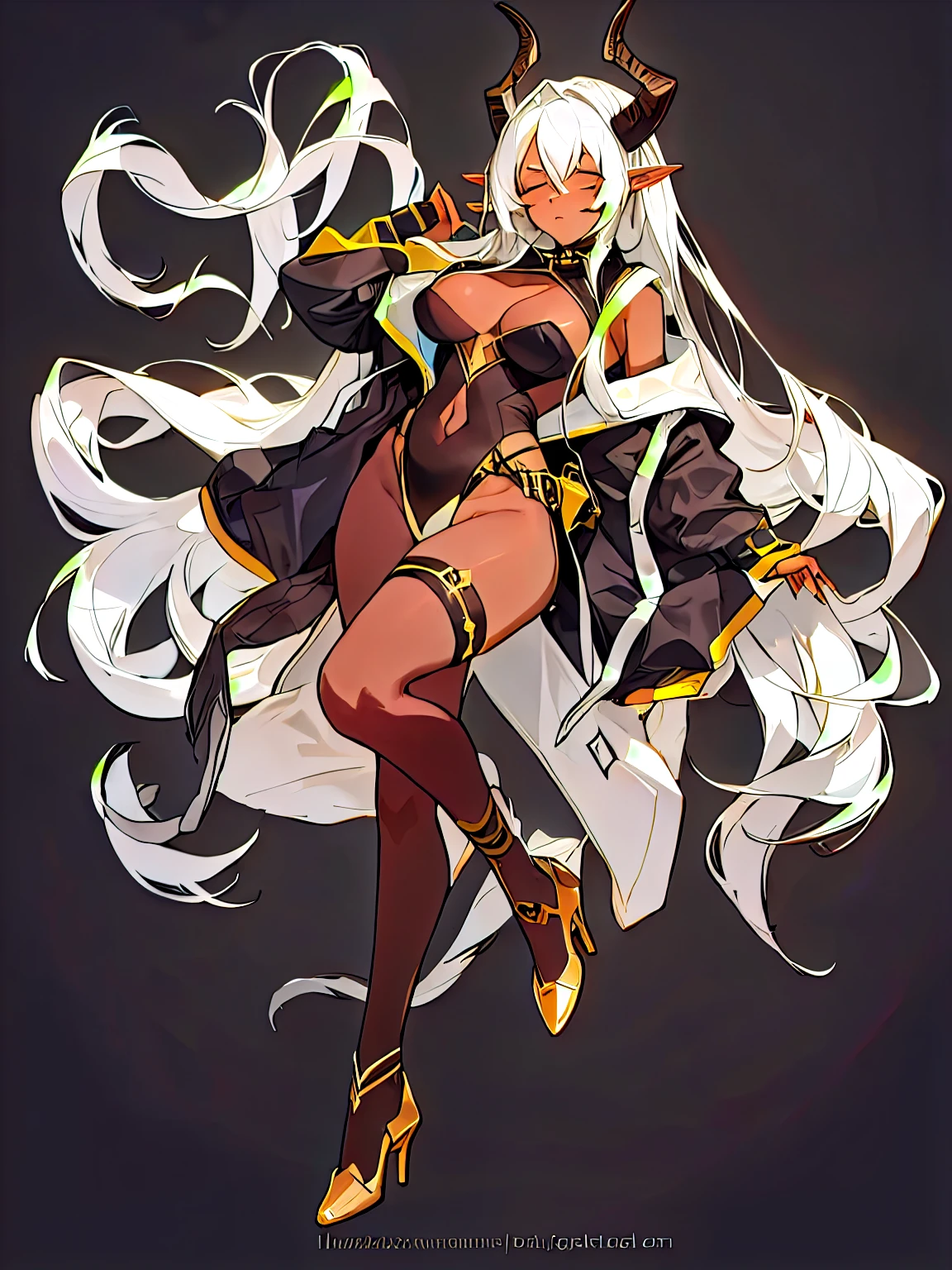 1girl, horns, solo, long hair, breasts, dark skin, leotard, very long hair, wings, dark-skinned female, pointy ears, white hair, tail, closed eyes, high heels, full body, black leotard, grey background, simple background, cleavage, large breasts, covered navel, belt, magic, highleg leotard, choker