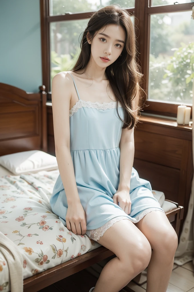 (((best quality))),(((ultra detailed))),(((masterpiece))),illustration,1 beautiful girl,solo,slim,thin,small breasts,flat chest,shoulder length straight hair,sitting on bed,dilapidated,hotel room,summer's afternoon,anticipation,shyness,boyfriend,date,big almond-shaped eyes,excited,nervous,fair skin,flawless,rosy cheeks,light blue sundress,slender figure,delicate collarbones,white flowers,delicate silver chain,strappy sandals,small heel,rusty bed frame,peeling wallpaper,worn-out wooden floor,white lace curtain,warm sunlight,soft warm glow,old-fashioned radio,cheerful tune,nervousness,heart pounding,excitement,waiting for boyfriend,door,plain attire,electric atmosphere,love,butterflies,from front